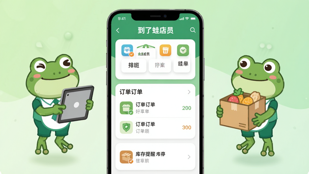 画面中央是一部竖屏安卓手机,屏幕上显示“到了蛙店员”应用界面,界面包含排班卡片、订单列表和库存提醒三个模块,手机两侧漂浮着卡通青蛙店员形象,一只拿着点餐Pad,一只抱着库存箱;背景为浅绿色渐变,布局采用居中对称构图,风格为扁平化插画,细节包括圆角图标、柔和阴影和清晰的文字标签“到了蛙店员”;画质清晰,干净,无多余元素