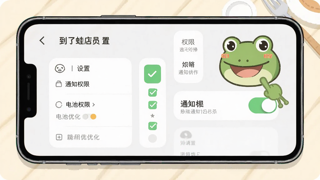 一部手机平放在餐厅桌面,屏幕显示“到了蛙店员”设置页面,旁边有勾选权限的列表和电池优化开关,一只卡通青蛙用手指向“通知权限”选项;布局为桌面平铺俯拍,风格为简洁教程插画,细节包括权限开关、圆角卡片、浅色背景;画质清晰,干净,无多余元素