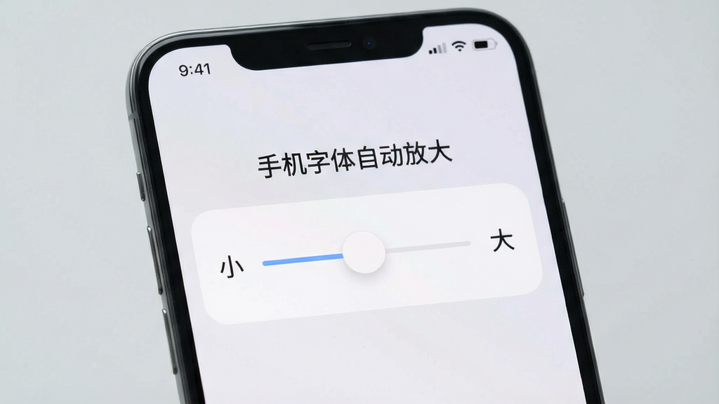 一张手机界面截图风格的图片,屏幕显示一个带有滑块的调节面板,滑块从“小”字滑向“大”字,面板上方有“手机字体自动放大”的标题文字,背景为柔和的浅灰色,风格干净现代,画质清晰