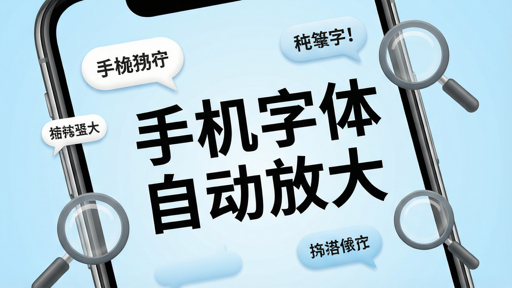一张展示智能手机屏幕的图片,屏幕中央显示放大的中文字体“手机字体自动放大”字样,周围环绕着大小不一的文字气泡和放大镜图标,背景为干净的浅蓝色渐变,整体风格简洁明快,突出字体放大与清晰阅读的主题,画质清晰,无多余元素
