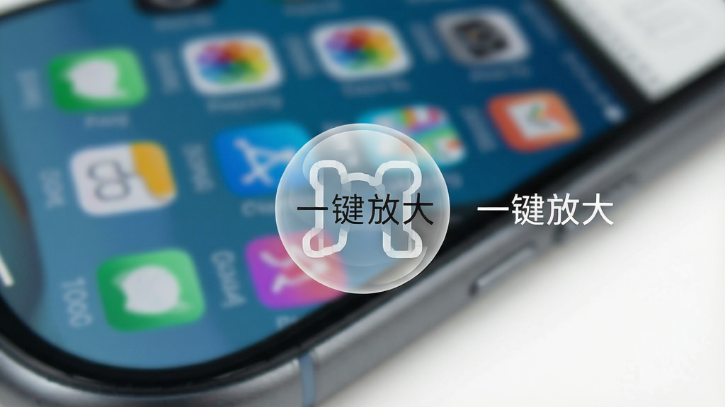 一张展示手机屏幕边缘悬浮球图标的图片,悬浮球半透明,旁边有“一键放大”的提示文字,背景为手机主界面模糊化处理,突出悬浮球与“手机字体自动放大”的关联,风格清爽,画质干净