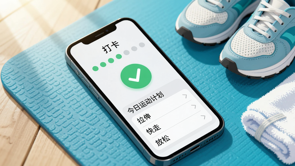 手机屏幕显示运动打卡页面,中央是一个绿色对勾打卡按钮,上方排列着连续七天的打卡圆点,下方是今日运动计划列表,包含拉伸、快走、放松三行文字,手机斜放在瑜伽垫上,旁边有一双运动鞋和一条毛巾,布局为斜角俯拍构图,风格为明亮清新的生活方式插画,细节上瑜伽垫有防滑纹理、光线从左上角洒下,画质清晰,干净整洁,无多余元素