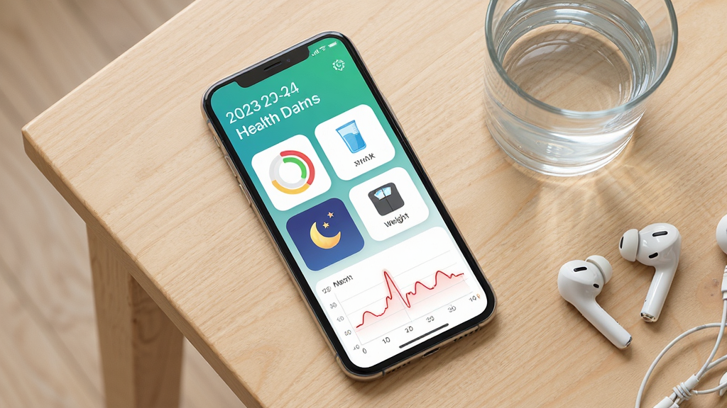 一部手机平放在浅色木质桌面上,屏幕显示健康数据看板,上方是日期与问候语,中间排列着步数圆环、饮水杯图标、睡眠月亮图标和体重秤图标四个数据卡片,下方是一条平缓的心率曲线,手机旁边放着一杯水和一副无线耳机,布局为俯视平铺构图,风格为清新写实摄影感插画,细节上桌面有细腻木纹、光线柔和自然,画质高清,干净整洁,无多余元素