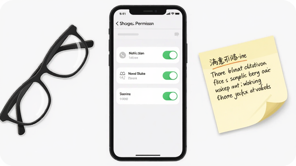一部手机屏幕显示应用权限设置页面,包含通知、运动数据、存储三项权限开关,手机旁边放着一副眼镜和一张写有注意事项的便签纸,布局为手机居中、便签纸在右侧略微倾斜,风格为简洁的信息图插画,细节上开关按钮有清晰的开启关闭状态区分、便签纸边缘有轻微卷曲,画质清晰,干净整洁,无多余元素