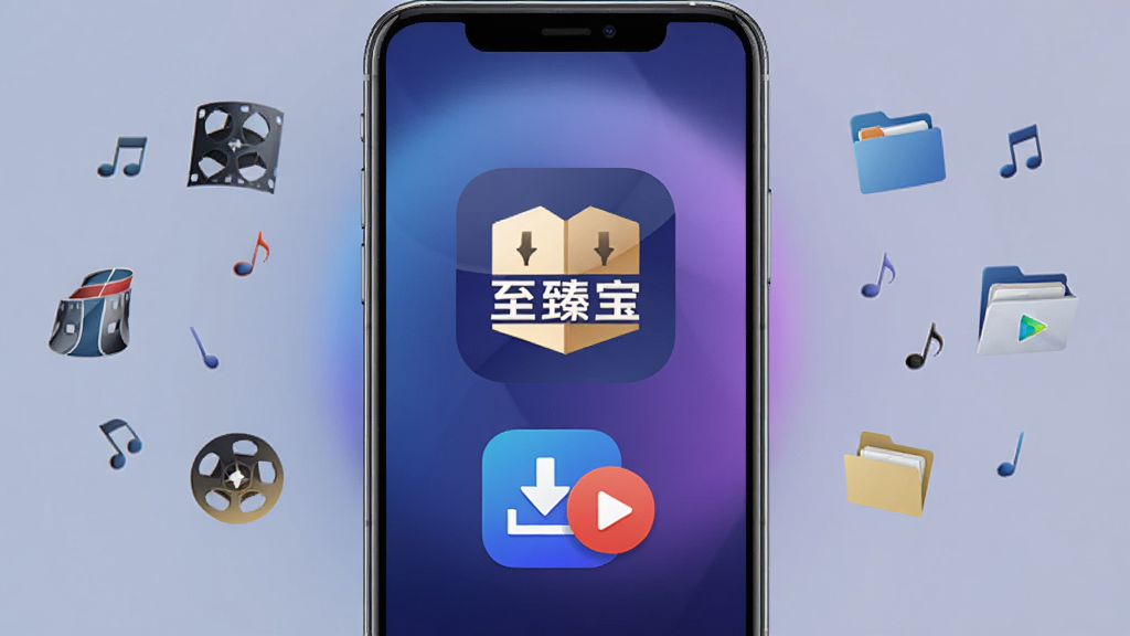 一部智能手机屏幕中央显示“至臻宝”应用图标,图标下方有下载箭头与播放按钮组合图形,背景为深蓝渐变到紫色的柔和光晕,周围环绕电影胶片、音乐符号、文件夹等小图标,整体布局居中对称,风格为现代扁平化科技感,细节干净无杂乱,画质清晰锐利,无多余元素