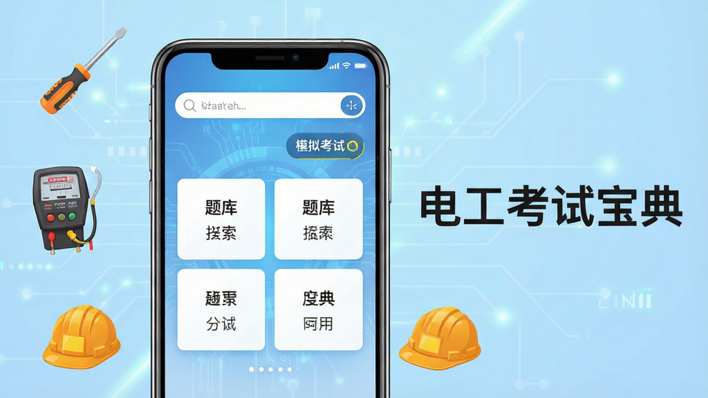 一张手机屏幕展示“电工考试宝典”APP主界面,界面中央是题库分类卡片,上方有搜索框和模拟考试入口,背景为浅蓝色科技感渐变,手机周围环绕电工工具图标如螺丝刀、电表、安全帽,整体风格干净简洁,画面右侧有“电工考试宝典”文字标识,画质清晰,无多余元素