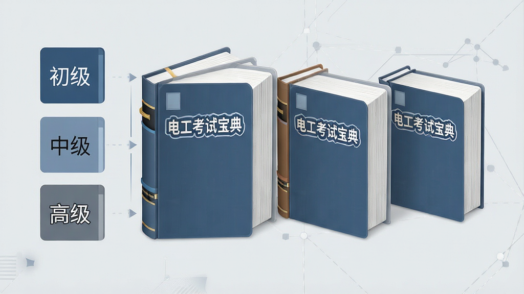 一张信息图风格的画面,左侧是竖排的等级标签“初级”“中级”“高级”,右侧对应展开三摞书本样式的题库卡片,卡片上标注“电工考试宝典”字样,背景为浅灰色,整体排版整齐,风格简约商务,画质干净清晰