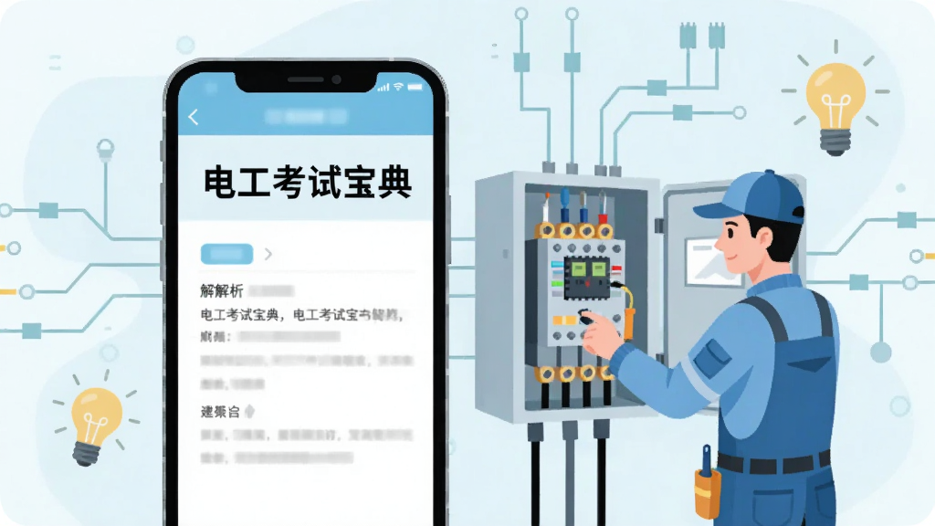 一张扁平化插画,画面中央是打开的手机界面显示“电工考试宝典”的解析页面,旁边一位穿工装的电工正在操作配电箱,背景有电路图线条和灯泡图标,风格清新浅色,排版左右分栏,画质干净无杂乱元素