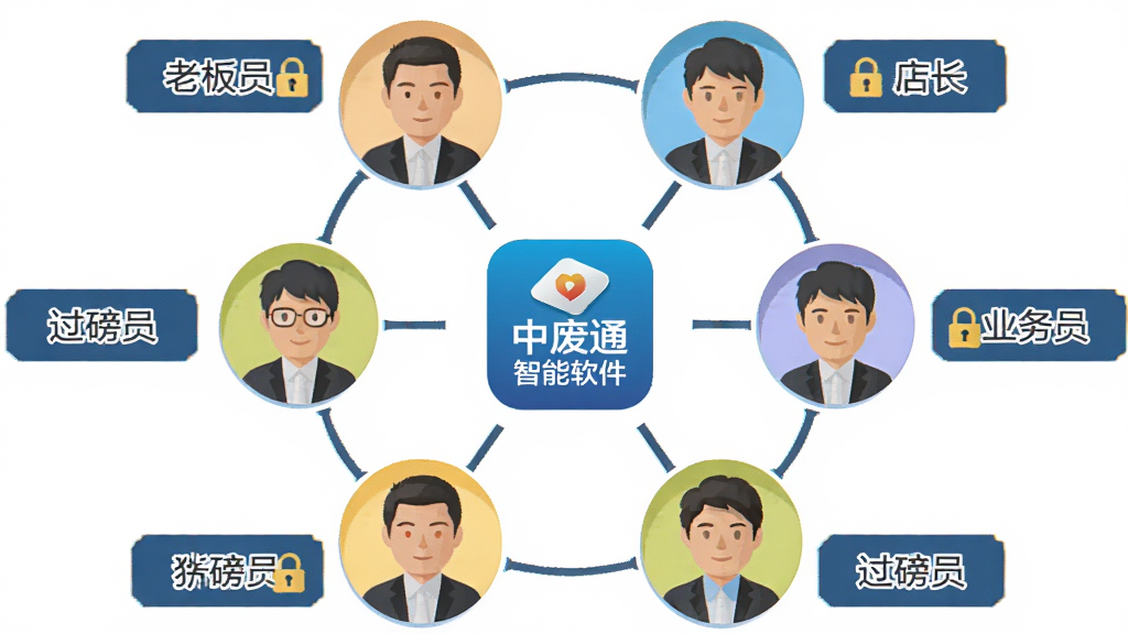 画面中央展示一个由多个角色头像组成的环形结构,每个头像旁标注老板、店长、业务员、过磅员等字样,环形中心是中废通智能软件图标,周围以连线展示权限分层关系,布局对称居中,风格扁平化信息图,细节强调角色标签与权限锁图标,画质清晰干净,无多余元素