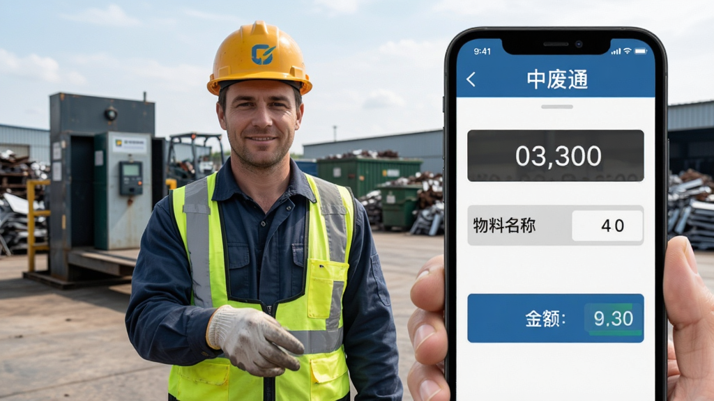 画面主体为一名佩戴安全帽的回收站工作人员手持手机,手机屏幕显示中废通智能的过磅录入界面,界面中包含重量数字、物料名称和金额计算区域,背景为废钢货场与地磅设备,布局为人物居中偏左、手机屏幕特写放大在右侧,风格写实商务,细节强调屏幕上的数字与按钮,画质清晰干净,无多余元素