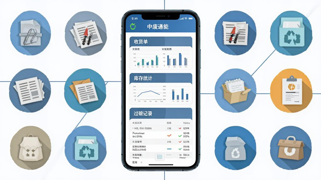 画面中央展示一部智能手机,屏幕内呈现中废通智能软件的主界面,包含收货单、库存统计、过磅记录等模块卡片,手机周围以扁平化图标环绕展示废钢、废纸、废塑料等回收物料元素,整体采用蓝灰商务配色,布局左文右图,风格简洁现代,细节上突出数据图表与单据列表,画质清晰干净,无多余装饰元素