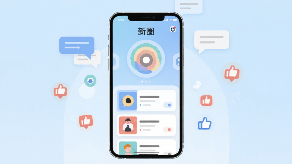 画面中央放置一部智能手机,手机屏幕显示“新圈”应用的主界面,界面中有圆形社交圈层图标和动态卡片列表,背景为浅蓝渐变,周围漂浮着简洁的对话气泡与点赞图标,整体采用扁平化插画风格,色彩清爽柔和,布局居中对称,细节干净利落,画质清晰,无多余元素
