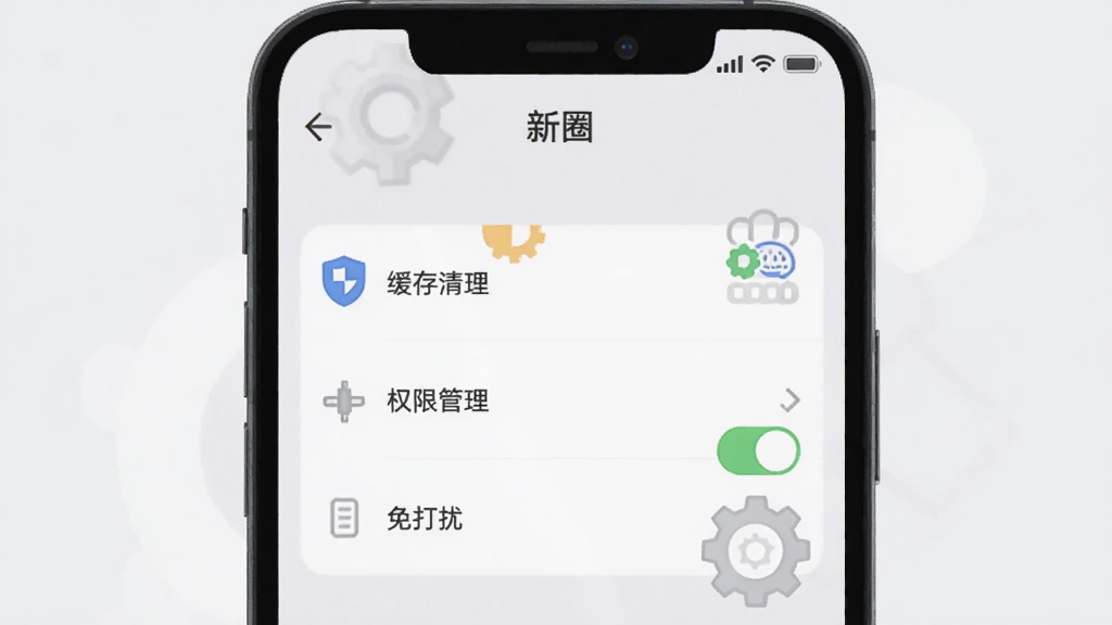 画面为手机屏幕显示“新圈”设置界面,界面中包含缓存清理、权限管理、免打扰开关等选项,旁边有盾牌与齿轮图标作为装饰,背景为浅灰色,采用简洁扁平风格,布局清晰,细节干净,画质清晰