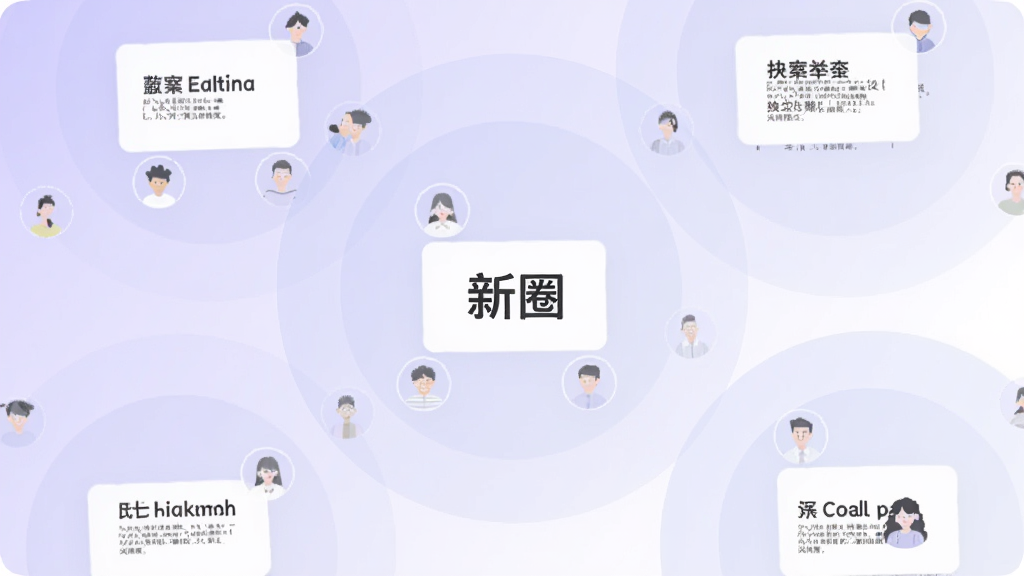 画面展示多个半透明圆形圈层相互交叠,每个圈层内部有简短文字卡片和头像图标,中心位置标注“新圈”字样,背景为淡紫色到白色的柔和过渡,采用现代扁平插画风格,布局错落有致,细节简洁,画质干净清晰