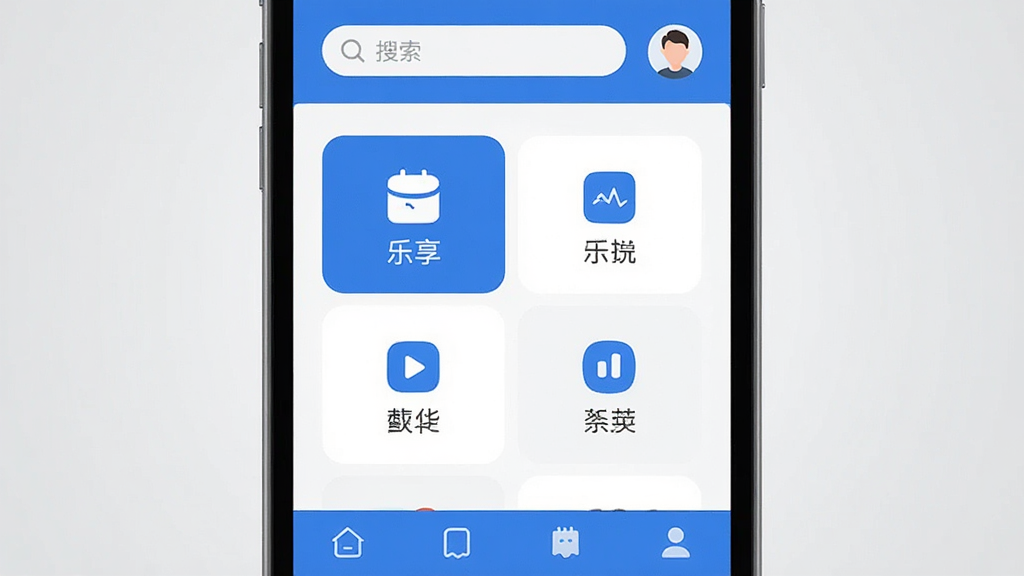 手机屏幕中央展示“乐享”应用主界面,顶部为搜索栏与用户头像,中部为四宫格功能入口图标,底部为导航栏,整体采用蓝白配色,扁平化设计风格,界面干净整洁,背景为浅灰色渐变,画质清晰,无多余装饰元素