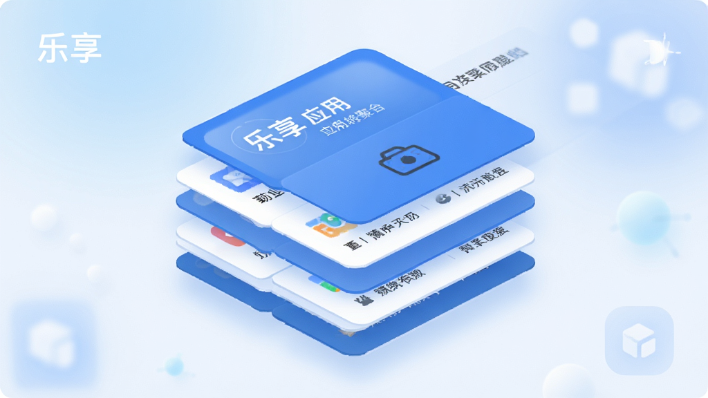 “乐享”应用功能聚合界面展示,画面中央为多层卡片堆叠布局,每张卡片标注不同功能图标与简短文字,卡片以蓝白为主色调,背景为柔和渐变,风格简洁现代,细节清晰,画质干净无杂乱元素