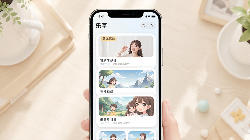 “乐享”应用个性化推荐界面,手机屏幕显示智能排序后的内容卡片列表,卡片带有“猜你喜欢”标签,界面采用浅色背景与圆角卡片设计,风格清新柔和,画质清晰,布局整齐