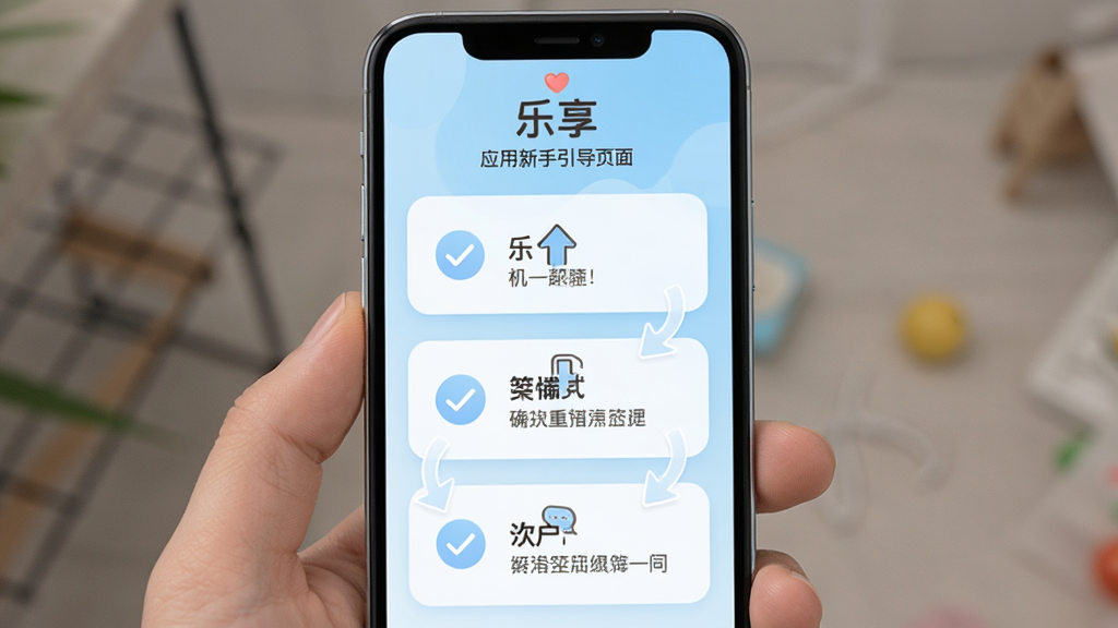 “乐享”应用新手引导页面,手机屏幕显示分步操作提示,配有箭头指示与文字说明,背景为浅蓝色渐变,界面元素简洁明了,风格友好亲切,画质清晰,无杂乱装饰