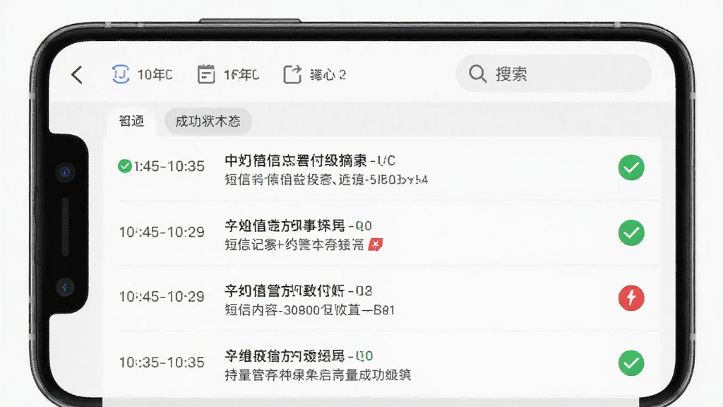 画面展示短信转发管家的转发记录页面,手机屏幕中列出多条转发日志,每条包含时间戳、短信内容摘要和成功状态图标,页面顶部有筛选和搜索栏,背景为浅灰色,风格为简洁列表式UI设计图,细节包括绿色成功标记、红色失败标记和日期分组标签,画质清晰,干净,无多余元素