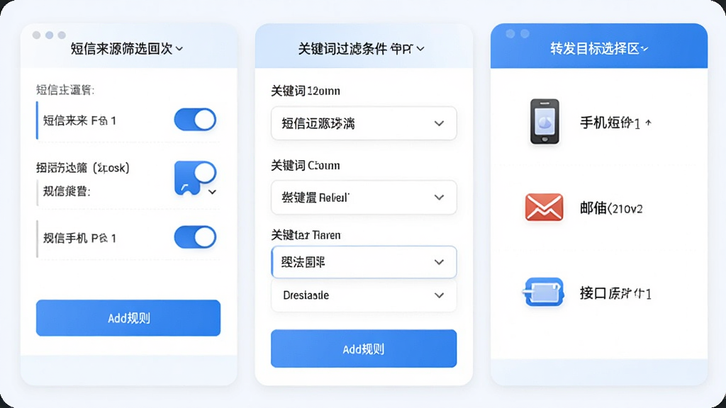 画面展示短信转发管家的规则设置界面,左侧为短信来源筛选框,中间为关键词过滤条件,右侧为转发目标选择区,包含手机、邮箱和接口图标,界面采用卡片式布局,配色为蓝白相间,风格为现代UI设计示意图,细节包括开关按钮、下拉菜单和添加规则按钮,画质清晰,干净,无多余元素