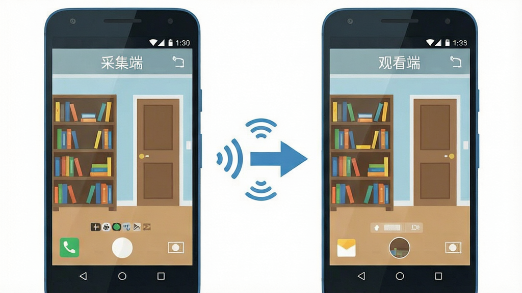 画面主体为两部安卓手机并排摆放,左侧手机标注采集端正在拍摄书架与房门,右侧手机标注观看端显示实时监控画面;布局为左右对称式排版,中间用箭头符号连接表示数据传输;风格为扁平化科技插画风;细节包括手机边框、屏幕上的监控界面元素、连接箭头上的信号波纹;画质清晰,配色清爽,干净简洁,无多余元素
