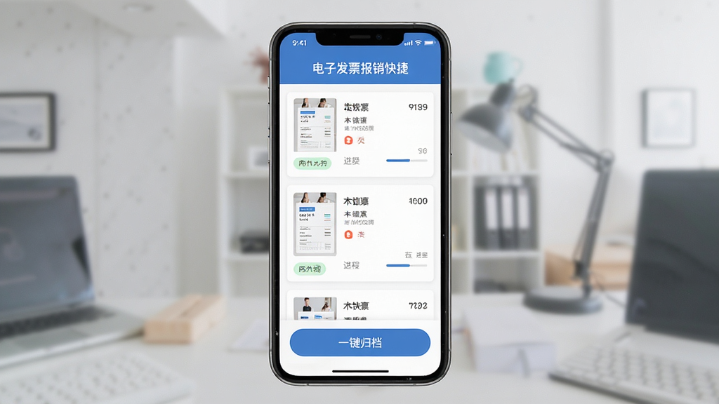 画面主体为一款名为“电子发票报销快捷”的手机应用界面展示,布局采用居中对称构图,手机屏幕内呈现发票卡片列表与一键归档按钮,排版简洁有序,风格为清爽商务扁平化设计,细节包含发票缩略图、分类标签与进度条,画质高清、干净、无多余元素