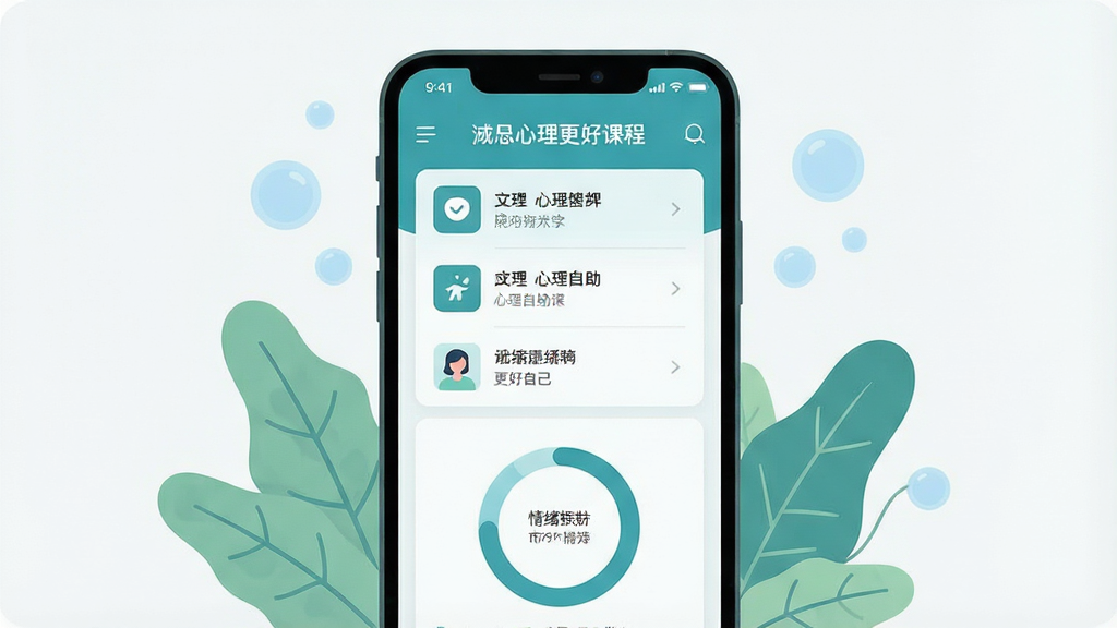 一张展示心理健康应用界面的手机屏幕组合图,画面中央是一部竖屏智能手机,屏幕上显示蓝绿色调的心理自助课程列表和情绪追踪圆环图表,手机周围环绕着柔和的植物叶片和淡蓝色气泡,背景为干净的浅灰白色,整体风格清新简约,扁平化插画质感,画质清晰,无多余元素,屏幕上可见文字“Intellect成为更好的自己”