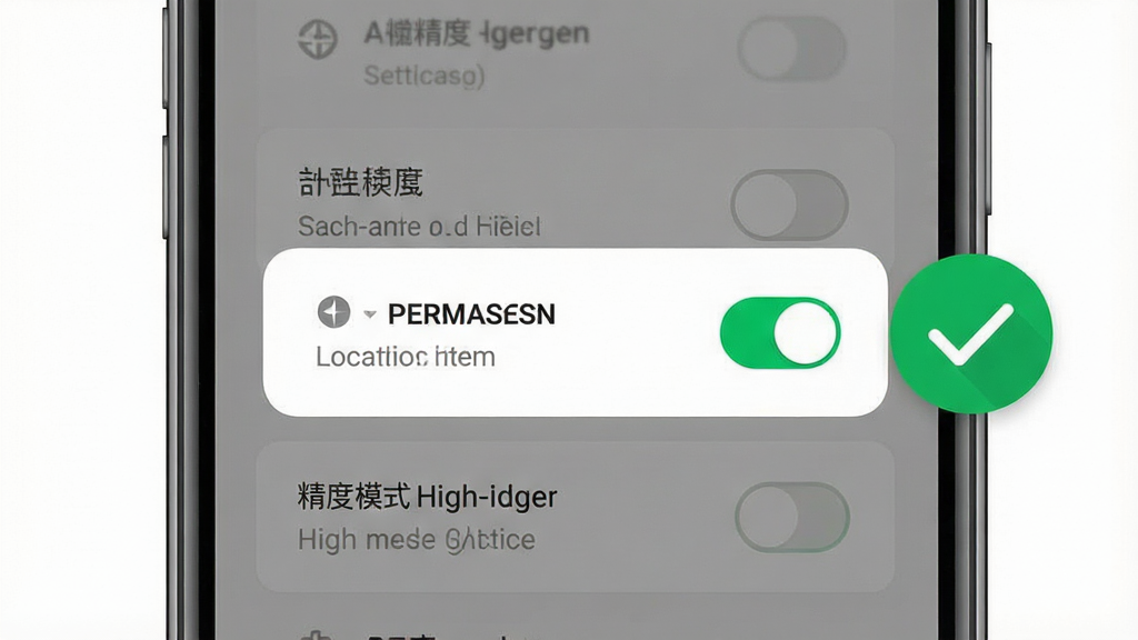 一张手机屏幕特写图,画面显示定位权限开启弹窗与高精度模式设置界面,布局为手机竖屏居中、右侧浮现一个对勾图标表示已开启,风格为扁平化界面演示风,细节包含权限开关高亮、文字清晰、图标简洁,画质干净无杂乱背景