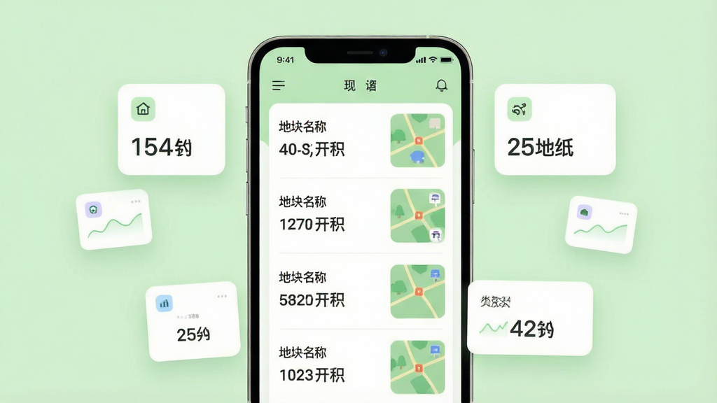 一张手机界面示意图,画面中手机屏幕显示地块列表,每条记录包含地块名称、面积数字与小地图缩略图,界面采用浅绿色调,布局为手机居中、周围漂浮几个数据卡片图标,风格为现代UI展示风,细节包含卡片圆角、图标线条简洁、数字字体清晰,画质干净明亮,背景纯色无多余元素