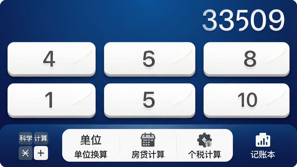 日常智能计算器 软件主界面 布局 顶部显示计算结果 中部为数字键盘 底部为功能切换栏 包含科学计算 单位换算 房贷计算 个税计算 记账本 图标 整体采用深蓝渐变背景 白色数字按键 风格 现代简约 扁平化 细节 按键带有轻微按压阴影 高光 画质 1080P 干净 无多余元素