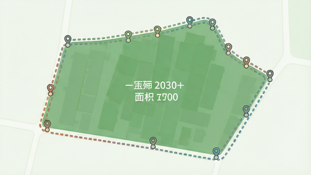 一幅俯视视角的田地图,画面中一条由虚线构成的闭合轨迹勾勒出不规则地块轮廓,轨迹上分布若干定位点,地块内部填充半透明绿色并标注面积数值,布局为地块占据画面主体,四周留有浅色留白,风格为扁平化信息图风格,细节包含轨迹线条渐变、定位点小圆点、面积数字清晰可读,画质干净锐利,无杂乱装饰元素