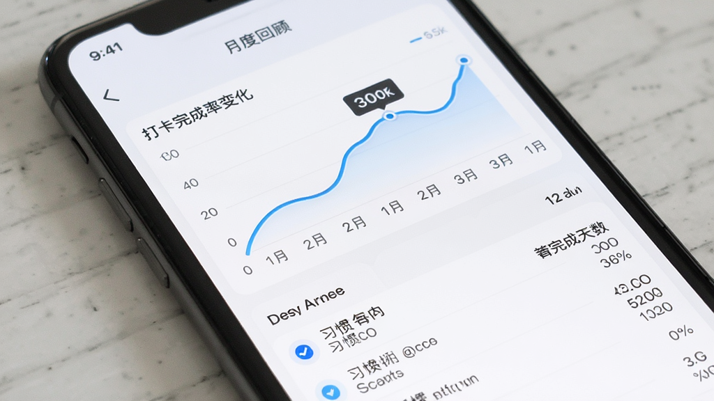 手机屏幕呈现习惯印记的月度回顾页面,上方为折线趋势图展示打卡完成率变化,下方为习惯列表与完成天数统计,整体布局清晰有序,风格为轻量数据报告界面,细节处体现图表线条流畅与文字标注清楚,画质干净整洁,无多余装饰