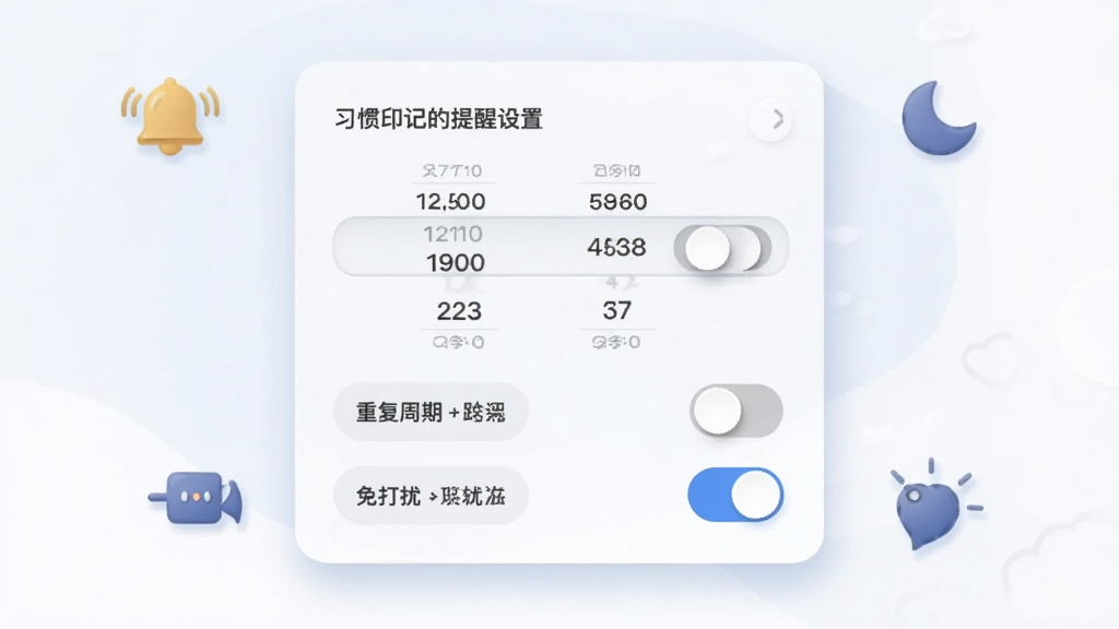 手机界面展示习惯印记的提醒设置面板,包含时间选择滚轮、重复周期选项与免打扰开关,面板以卡片形式悬浮于浅色背景之上,周围有铃铛、月亮等小图标点缀,风格为简约设置页插画,细节表现开关质感与文字层次,画质清晰柔和,无多余元素