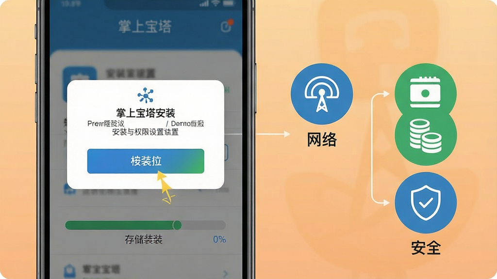 一张展示掌上宝塔安装与权限设置流程的示意图,画面为一部手机屏幕的特写,屏幕内呈现权限授权弹窗与安装进度条,手机旁边排列三个圆形图标分别代表网络、存储与安全,背景为浅橙色渐变,排版从左到右呈流程式布局,风格为简洁教程插画风,细节上突出弹窗按钮与进度条的清晰度,画质高清,画面干净,无多余元素