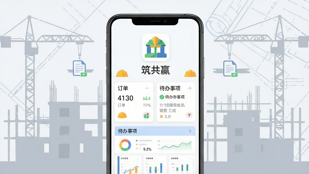画面主体为一部竖屏安卓手机,手机屏幕内展示建筑行业供应商协同应用的首页界面,包含订单卡片、待办事项与数据看板;布局为手机居中放置,背景为浅灰色建筑工地剪影与蓝图线条;排版采用上下结构,上方留白放置应用图标与名称“筑共赢”;风格为清爽商务扁平化;细节包括安全帽、钢筋、单据图标等元素点缀,界面文字清晰可辨;画质为高清2K,干净无多余元素