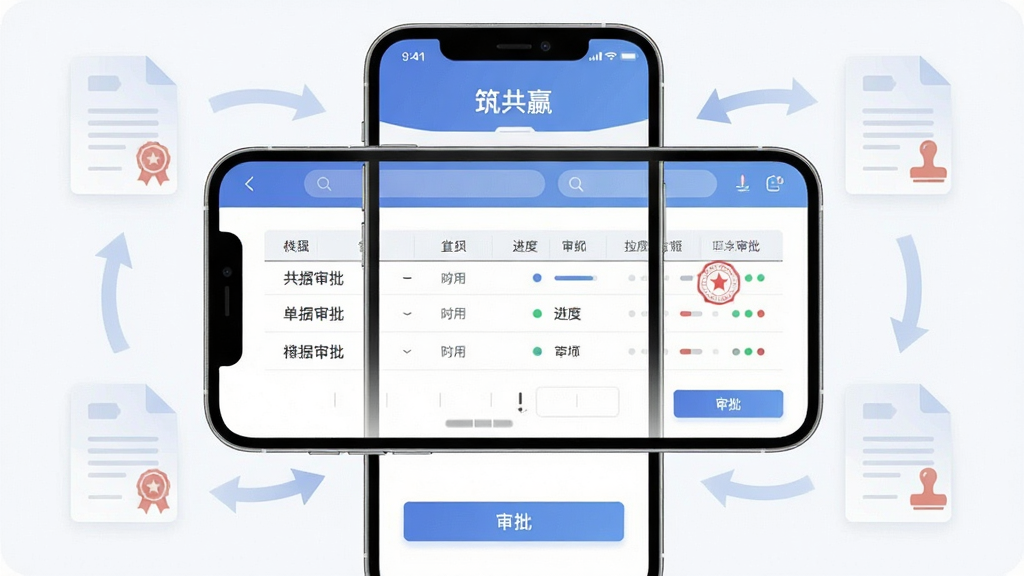 画面主体为一部手机横屏展示“筑共赢”应用内的单据审批界面,屏幕中有表格与审批按钮;布局为手机居中,周围环绕半透明的单据图标与流程箭头;排版为居中对称;风格为科技商务扁平插画;细节包括表格线条、印章图标、进度节点圆点;画质高清,色彩克制,干净无多余元素