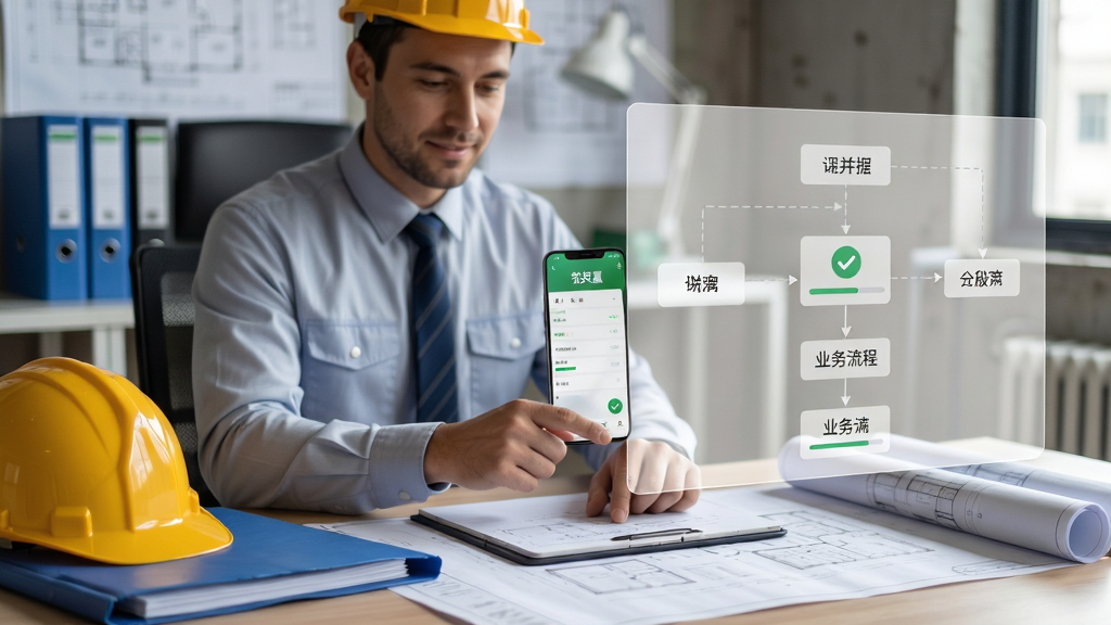 画面主体为一名建筑行业供应商业务员在工地办公室内使用手机处理业务,手机屏幕显示“筑共赢”应用中的订单确认界面;布局为人物半身居中偏左,右侧浮出半透明业务流程图;排版简洁,突出手机屏幕内容;风格为写实商务摄影感;细节包括安全帽、文件夹、蓝图桌面、界面中的对勾与进度条图标;画质高清,光线自然,干净无多余元素