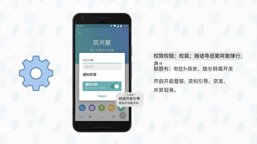 画面主体为一部安卓手机屏幕展示“筑共赢”应用登录页与权限开启引导弹窗;布局为手机居中,左侧配一个简洁的设置齿轮图标;排版为左图右文结构;风格为清新扁平教程插画;细节包括登录输入框、通知权限开关、提示气泡;画质高清,配色柔和,干净无多余元素