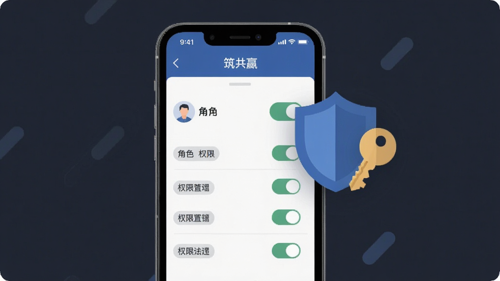 画面主体为手机界面展示“筑共赢”企业账号权限设置页,包含角色列表与权限开关;布局为手机居中,右侧浮出盾牌与钥匙的抽象图标;排版简洁清晰;风格为安全商务扁平风;细节包括角色头像、开关按钮、权限标签;画质高清,色调沉稳,干净无多余元素