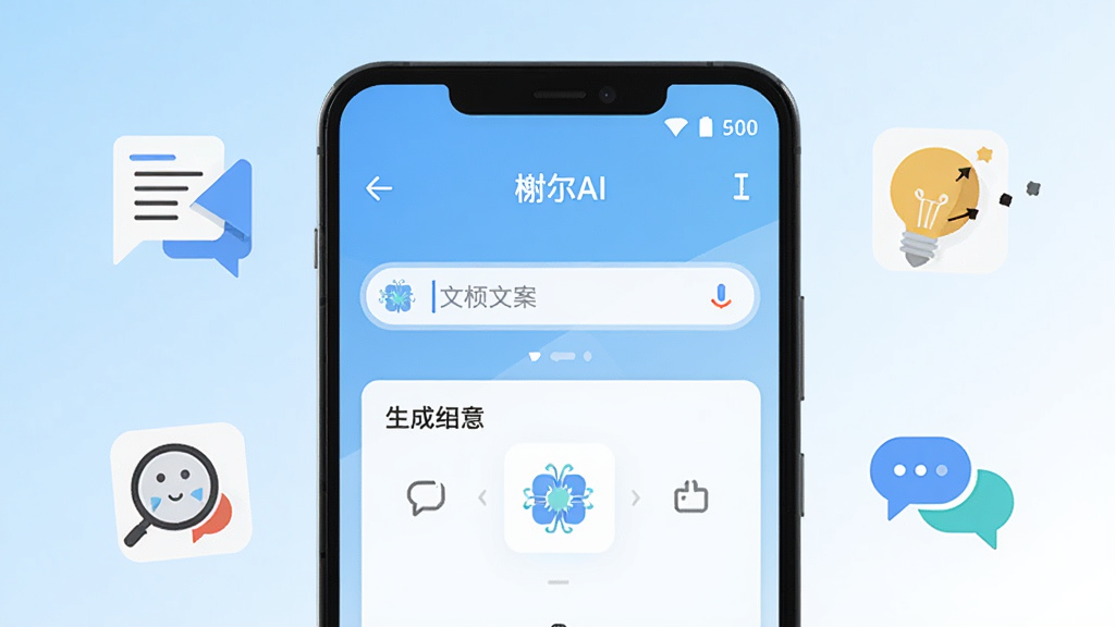 画面中央展示一部安卓手机,手机屏幕上显示“榭尔AI”应用界面,界面包含对话输入框与生成结果区域,手机周围环绕着代表文案、创意、对话的简约图标元素,整体采用浅蓝与白色渐变背景,扁平化科技风格,画面干净整洁,文字清晰,高清画质,无多余装饰元素