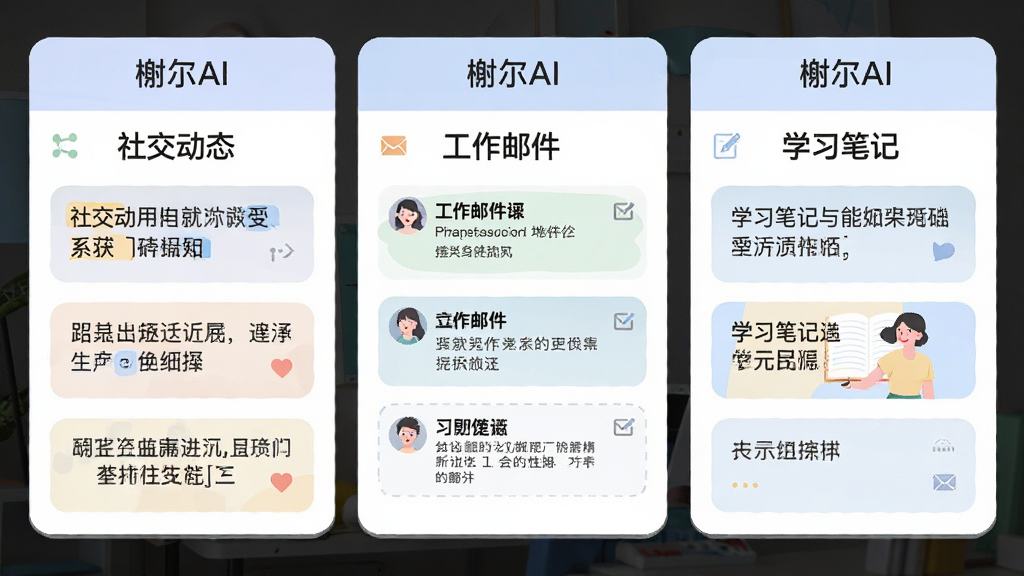 画面分为三个并列的卡片区域,分别标注“社交动态”“工作邮件”“学习笔记”,每张卡片内展示对应风格的短文案示例,卡片上方统一显示“榭尔AI”标识,整体排版整齐,配色柔和,扁平插画风格,画质清晰,无多余元素