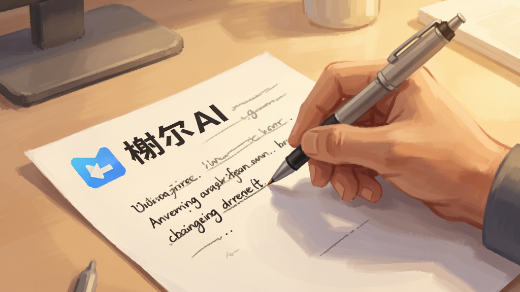 一只手拿笔在纸面上修改文字的画面,纸面文字旁有“榭尔AI”标志性的优化箭头图标,背景为简洁书桌场景,暖色调光线,风格写实偏插画,细节干净,画质高清,无多余物品