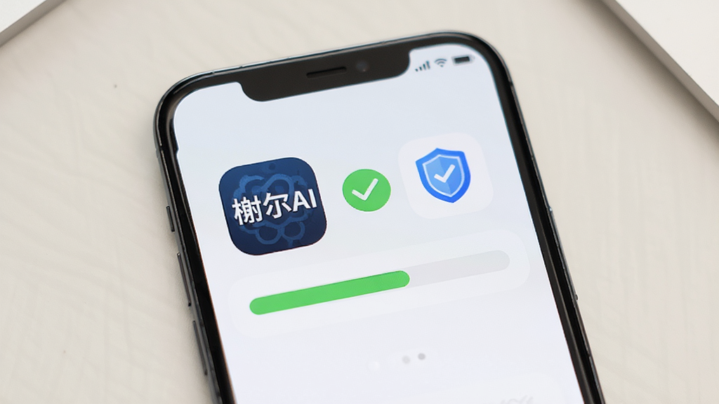 一部手机屏幕显示“榭尔AI”应用图标与安装进度条,旁边有对勾标记和盾牌安全图标,背景为浅色桌面,风格简洁明了,画面干净,高清画质,无多余文字装饰