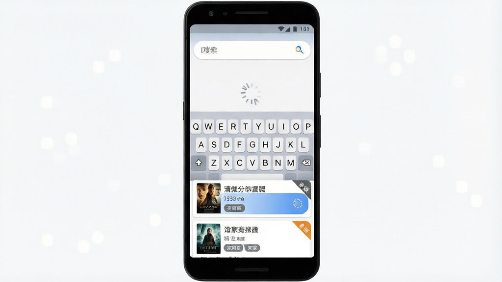 一张手机搜索界面示意图,主体为安卓手机屏幕,画面中央是搜索框与键盘,下方列出多行搜索结果卡片,每张卡片包含电影海报缩略图、片名文字、清晰度标签与来源角标,布局为纵向列表排版,风格清爽简约,细节处体现加载动效与高亮选中态,画质清晰干净无多余元素