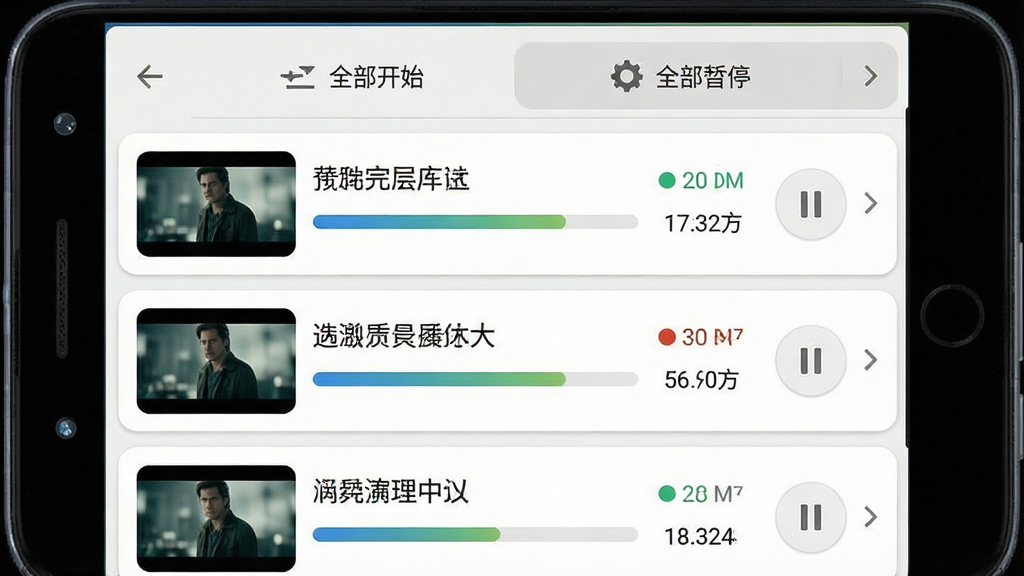 一张手机下载管理界面图,主体为安卓手机,屏幕展示下载任务列表,每条任务包含影片缩略图、标题、进度条、速度数值与暂停按钮,顶部有全部开始与全部暂停操作栏,布局为纵向卡片堆叠,风格为浅色系工具类界面,细节包括进度条渐变填充与状态图标,画质高清干净无多余元素