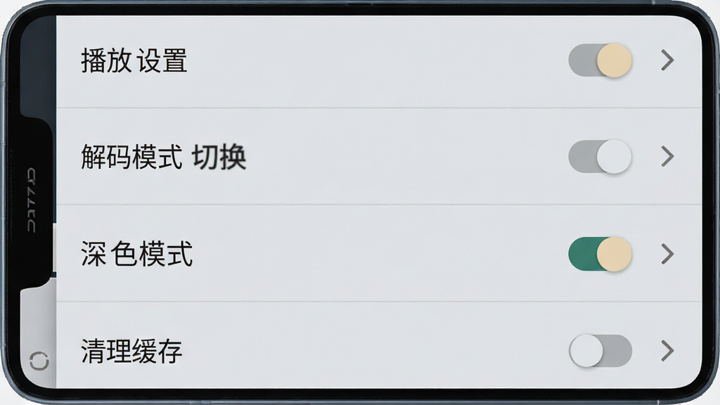 一张手机应用设置界面图,主体为安卓手机,屏幕展示设置列表,包含播放设置、解码模式切换、深色模式开关、清理缓存入口等条目,布局为分组列表排版,风格为极简浅灰质感,细节包括开关控件与右箭头指示,画质清晰干净无多余元素