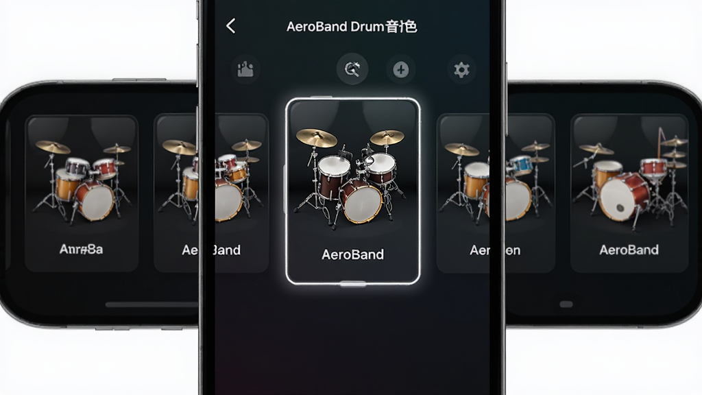 一张AeroBand Drum音色选择界面图,画面为手机屏幕特写,显示多组鼓组音色卡片横向排列,卡片上有鼓组缩略图与风格标签,背景为深色渐变,布局清晰有层次,风格现代简约,细节包括卡片高光与选中状态描边,画质清晰,干净无多余元素