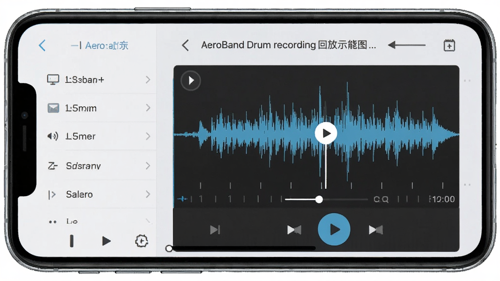 一张AeroBand Drum录音回放功能示意图,画面为手机屏幕显示录音列表与波形图,波形上有播放头与时间刻度,背景为简约的浅色界面,布局规整,风格清爽,细节包括波形起伏与播放按钮高亮,画质清晰,干净无多余元素