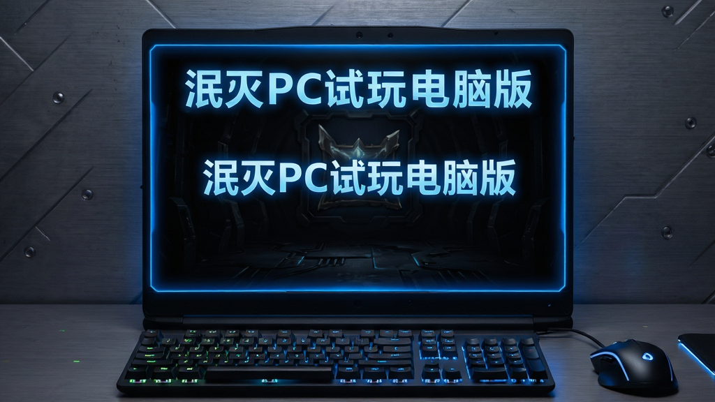 主体为一台打开的笔记本电脑屏幕中央显示“泯灭PC试玩电脑版”游戏启动界面,布局采用居中对称构图,屏幕下方放置键盘与鼠标,排版上软件名称以发光字体呈现于画面上方,风格为科技感暗黑系游戏视觉,细节包含屏幕边缘的蓝色光效、桌面背景的金属质感纹理、键盘背光微亮,画质为高清1080P干净无多余元素