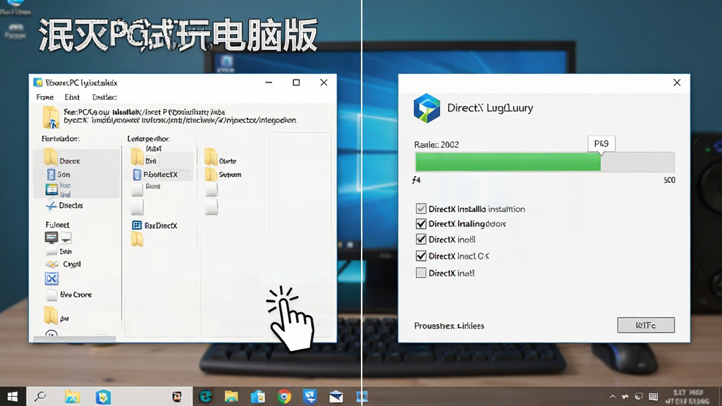 主体为电脑桌面上“泯灭PC试玩电脑版”安装文件夹与运行库安装界面并排展示,布局为左右对比构图,排版上左侧文件夹窗口右侧安装进度条,风格为简洁教程示意图风格,细节包含英文路径文件夹、DirectX安装勾选框、鼠标点击手势,画质高清干净无多余元素